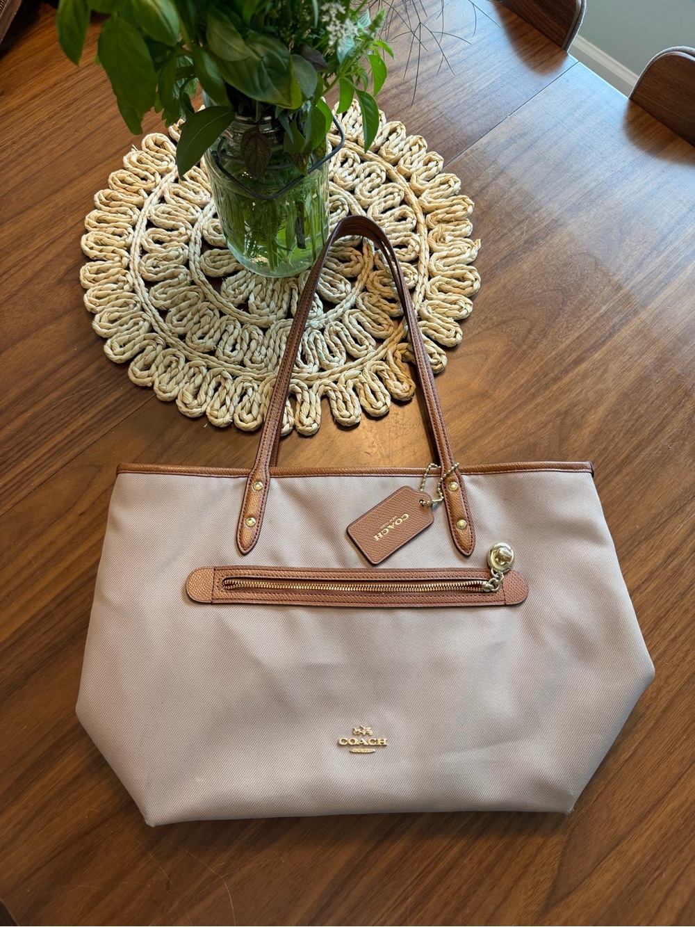 Coach Blush Nude Tote with Brown Leather Trim and Gold Hardware